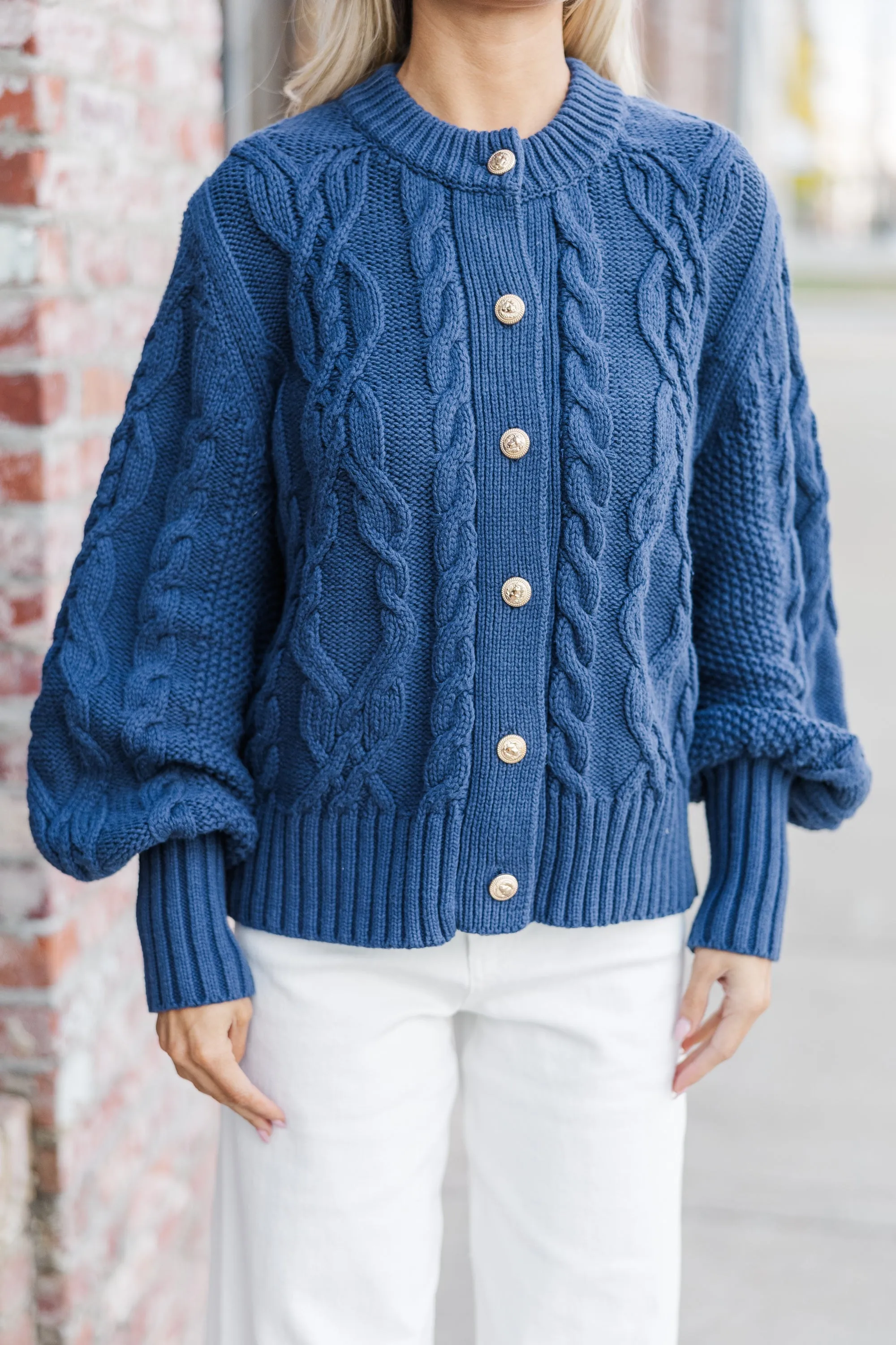 All The Good Navy Blue Cable Knit Cardigan