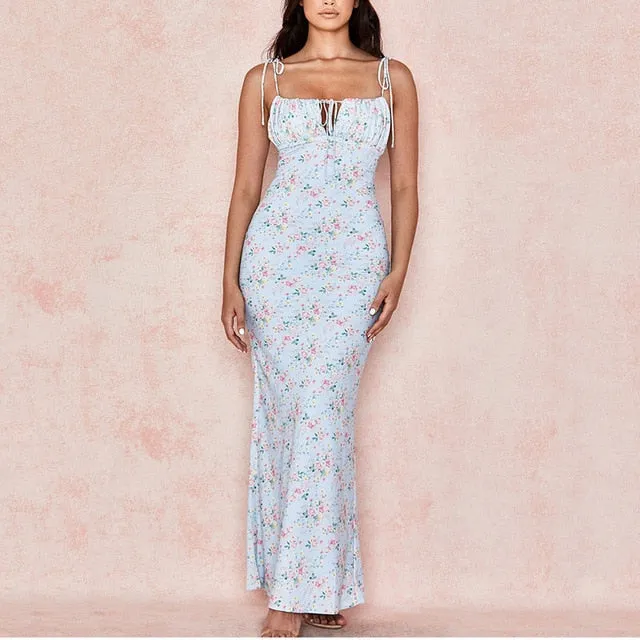 Ashoreshop Summer Woman Blue Floral Dress Sexy Backless