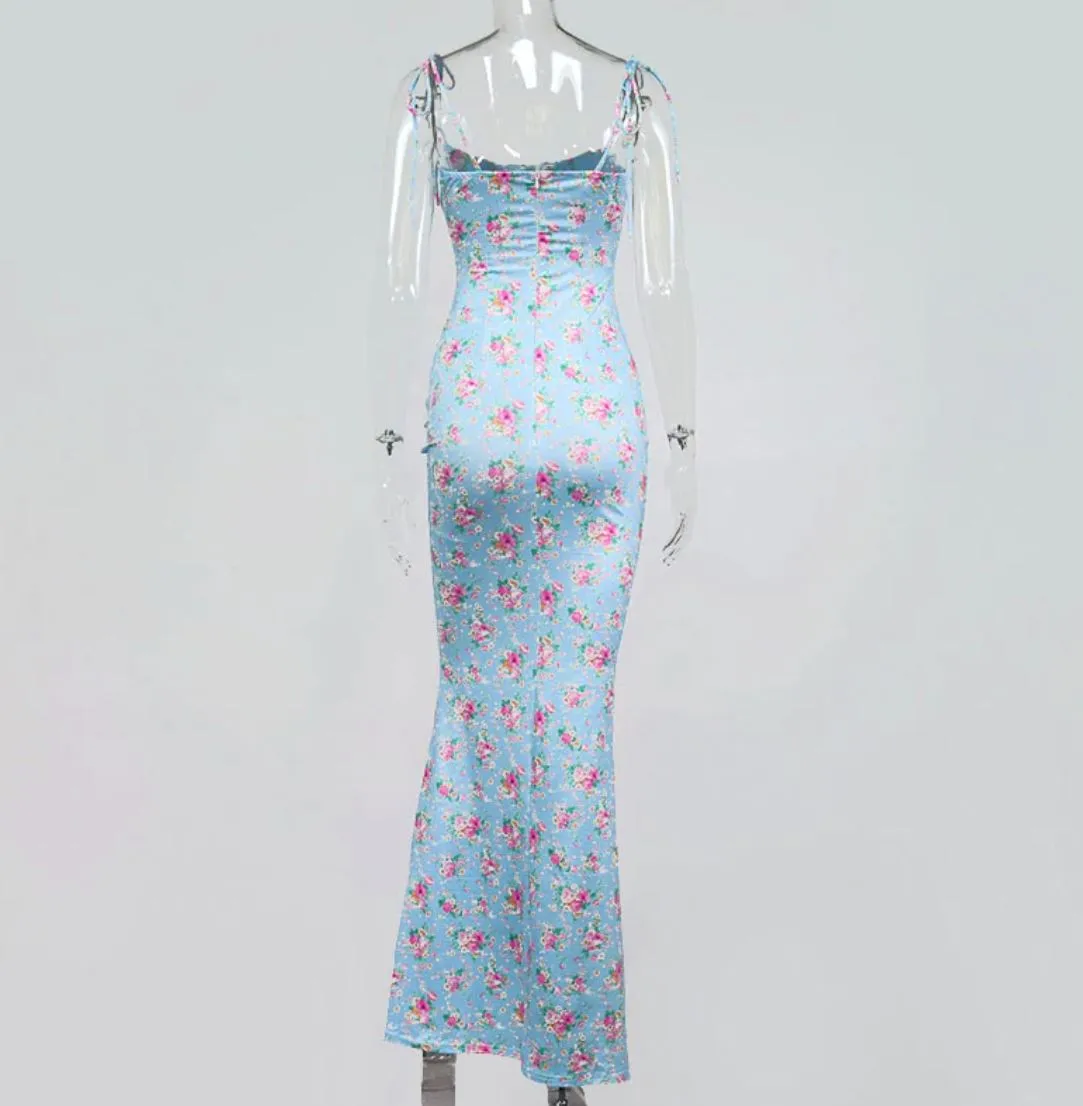 Ashoreshop Summer Woman Blue Floral Dress Sexy Backless