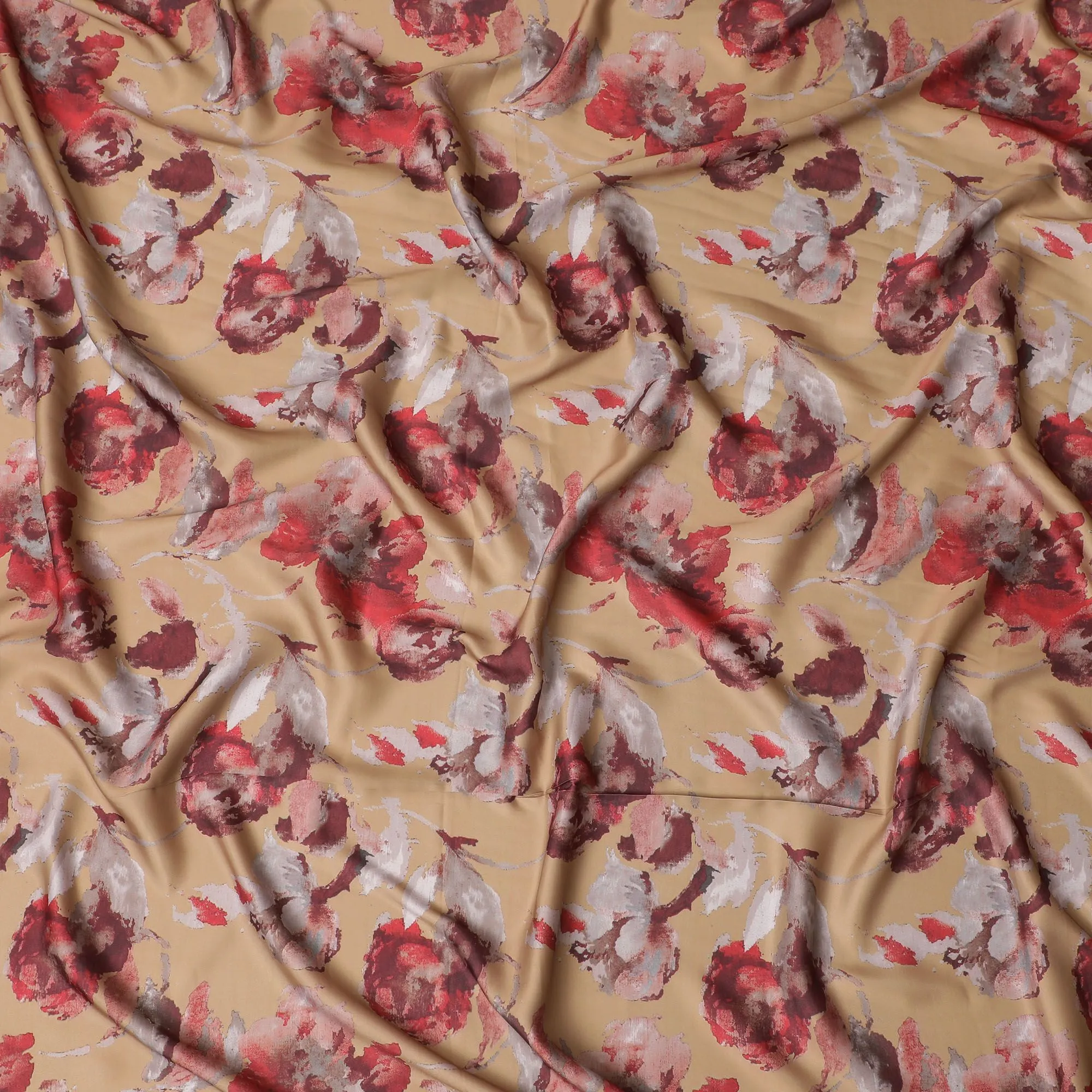 Autumn Blossom Modal Satin Fabric - 110cm Wide, Warm Toned Florals from India-D18524