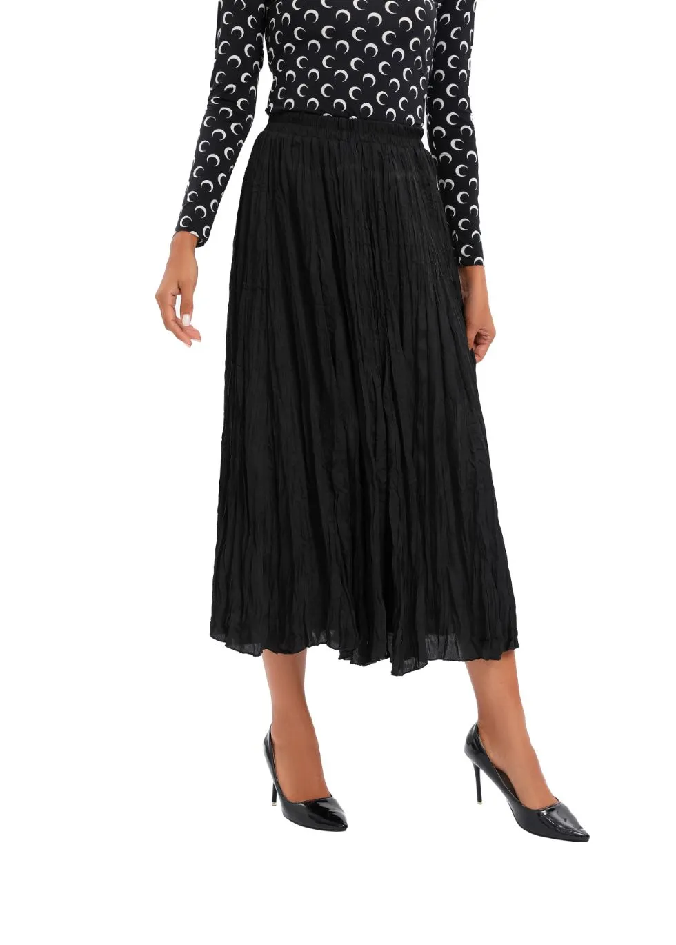 Black Lightweight Wrinkle Midi Skirt