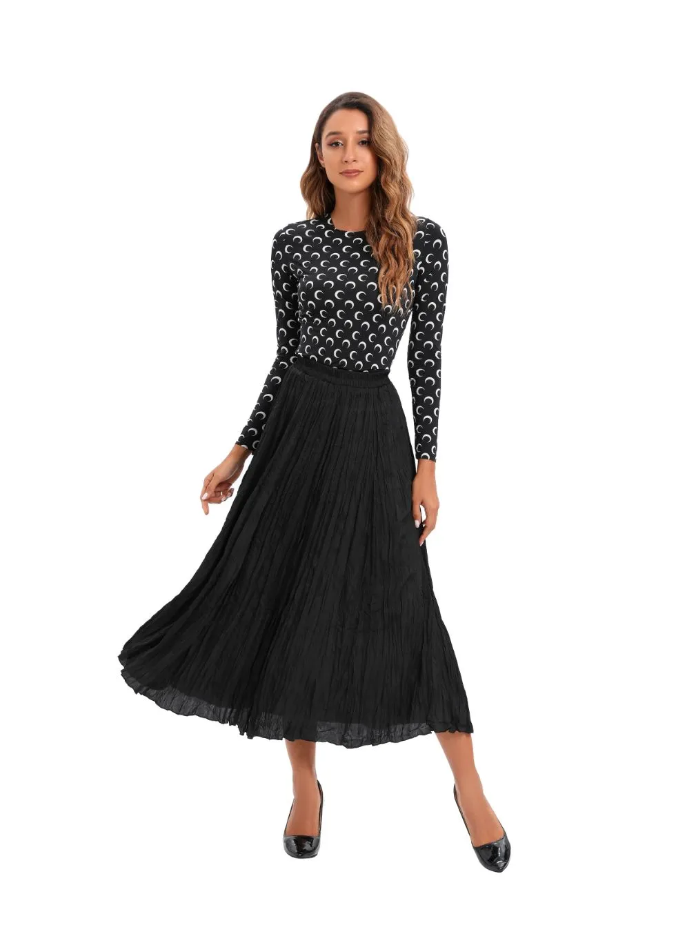 Black Lightweight Wrinkle Midi Skirt