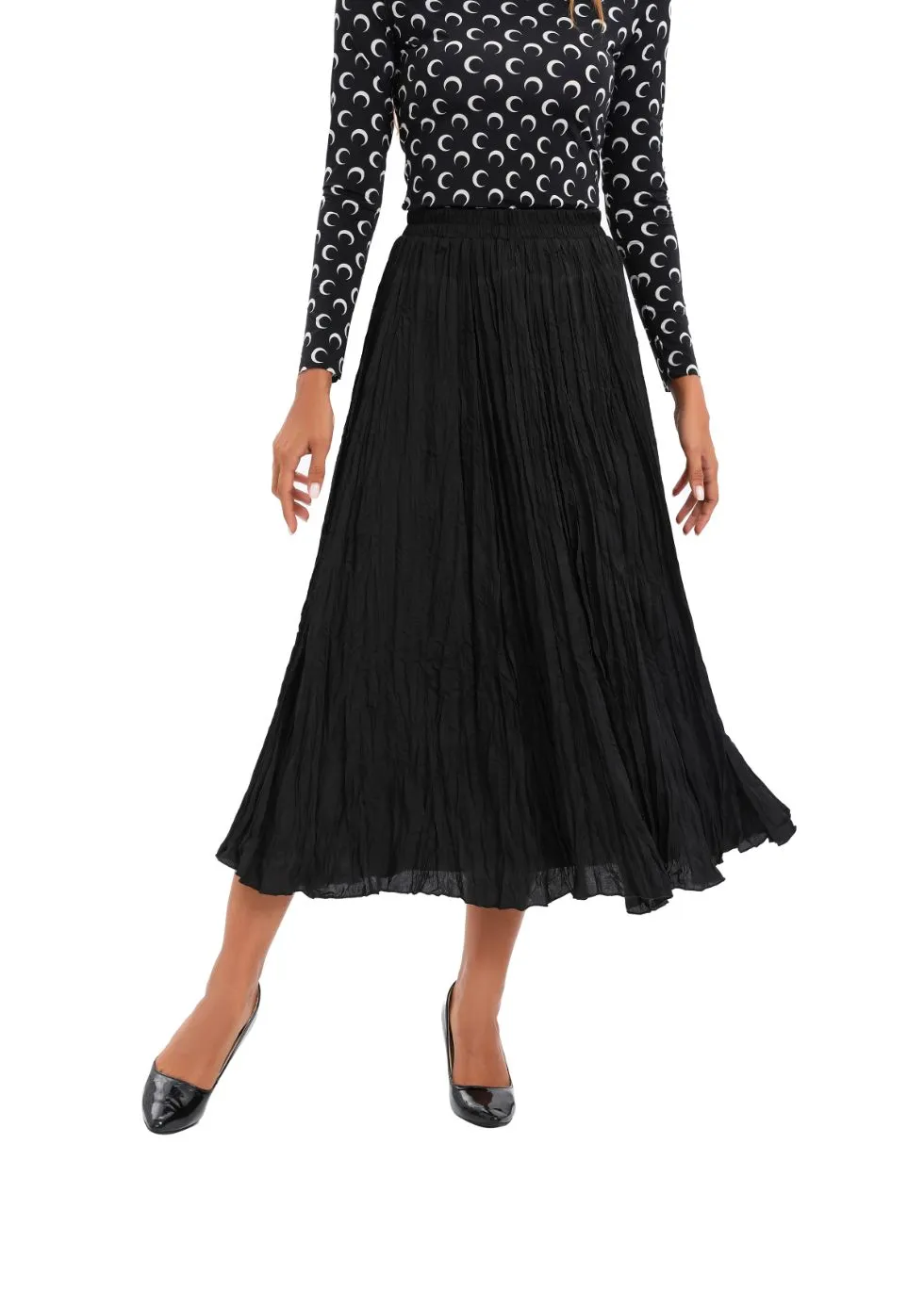 Black Lightweight Wrinkle Midi Skirt