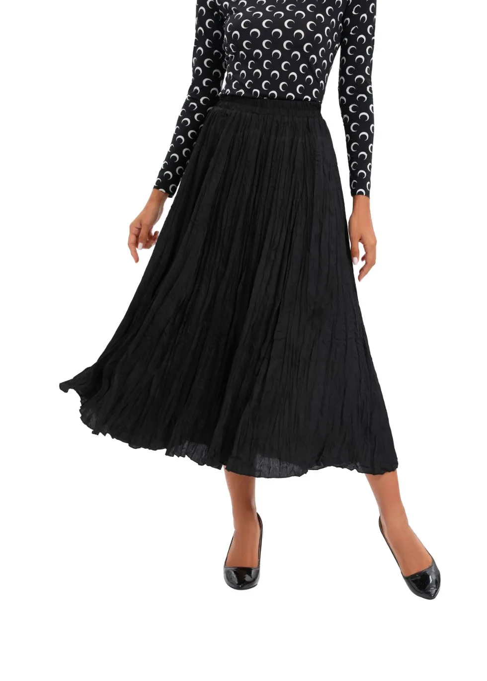 Black Lightweight Wrinkle Midi Skirt