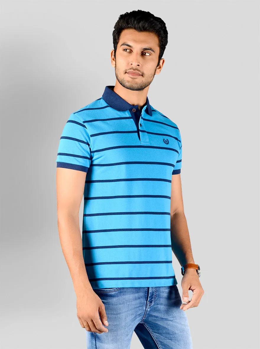 Bright Blue Striped Slim Fit Polo T-shirt | Greenfibre