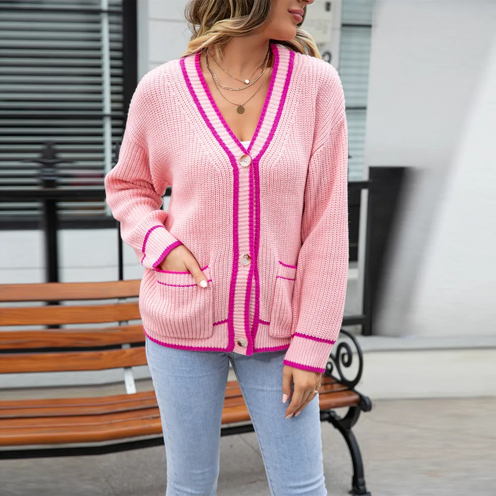 Button Knit Colorblock Pocket V-Neck Sweater Cardigan Wholesale Women'S Top