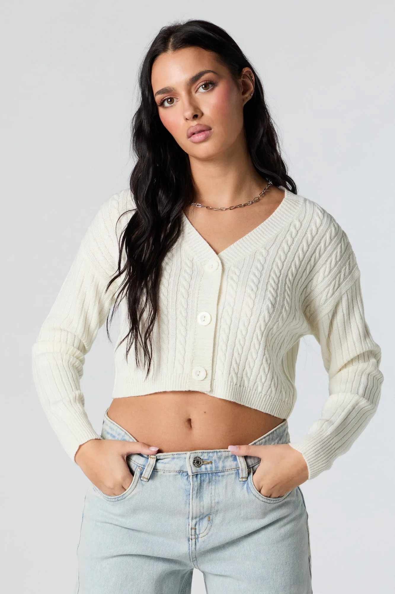 Cable Knit Button-Up Cropped Cardigan