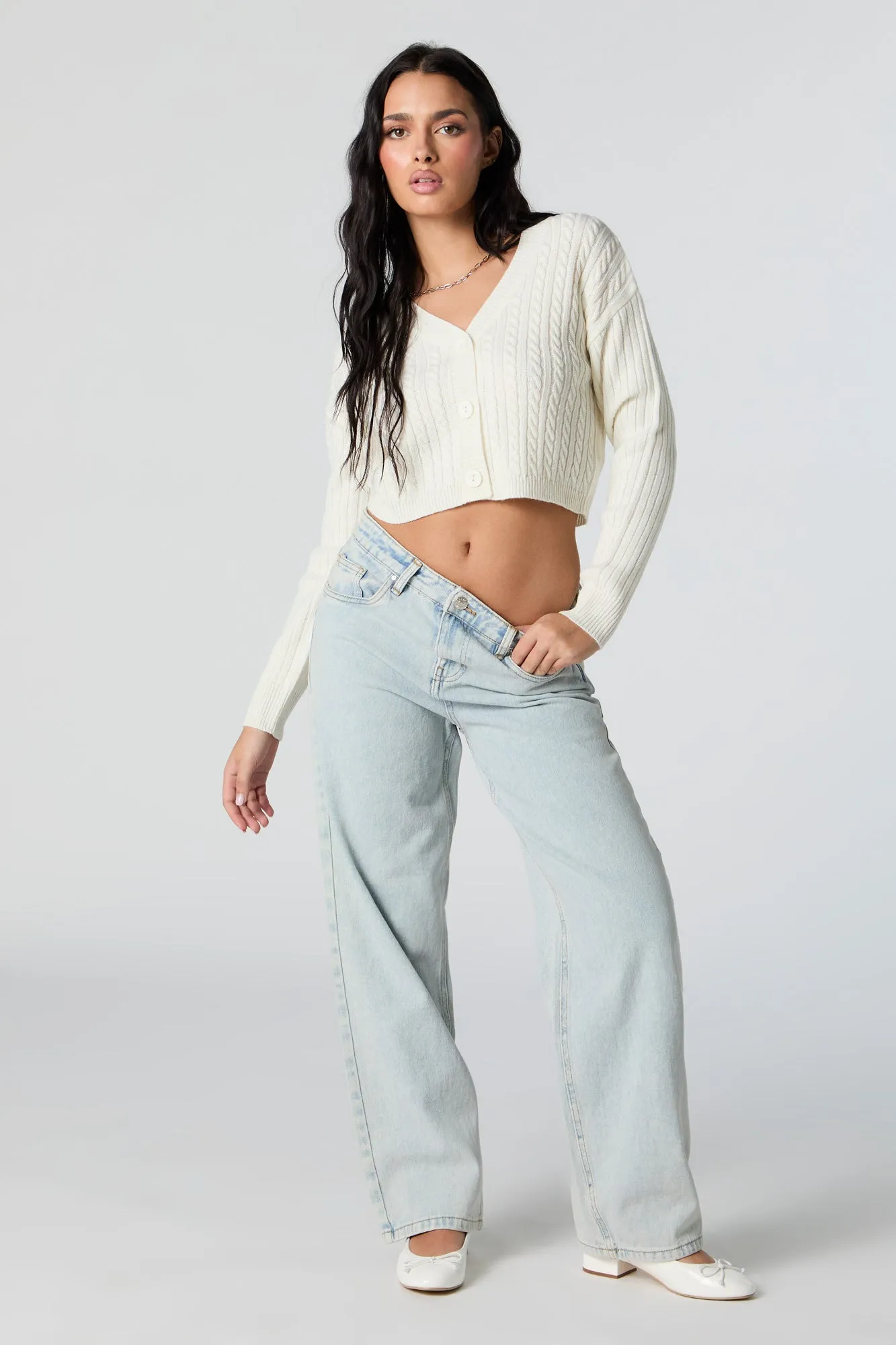 Cable Knit Button-Up Cropped Cardigan