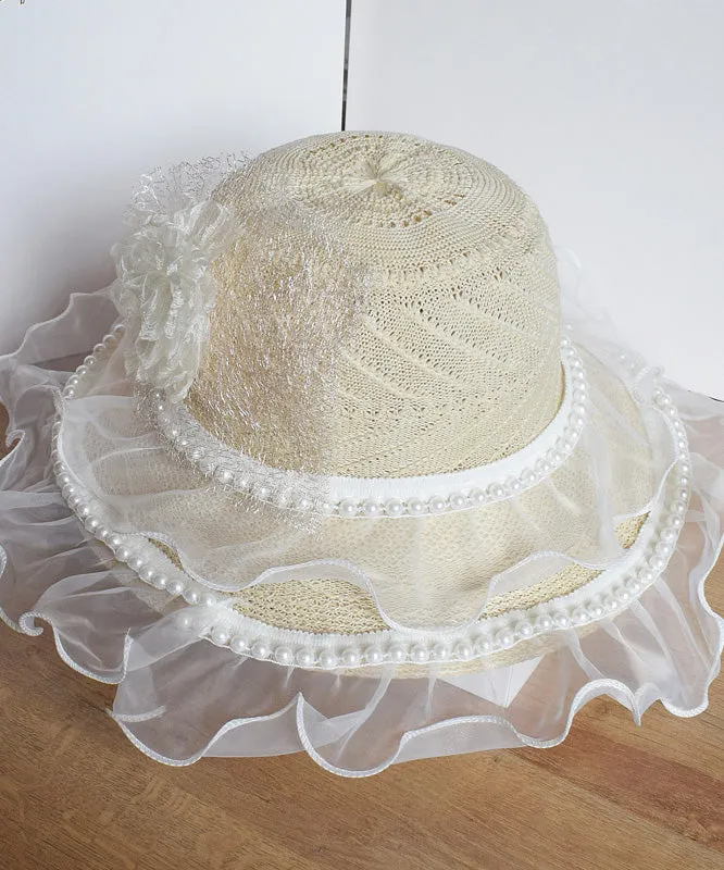 Chic Beige Lace Patchwork Pearl Floral Tulle Floppy Sun Hat LY510