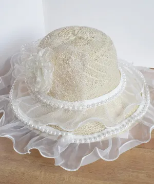 Chic Beige Lace Patchwork Pearl Floral Tulle Floppy Sun Hat LY510