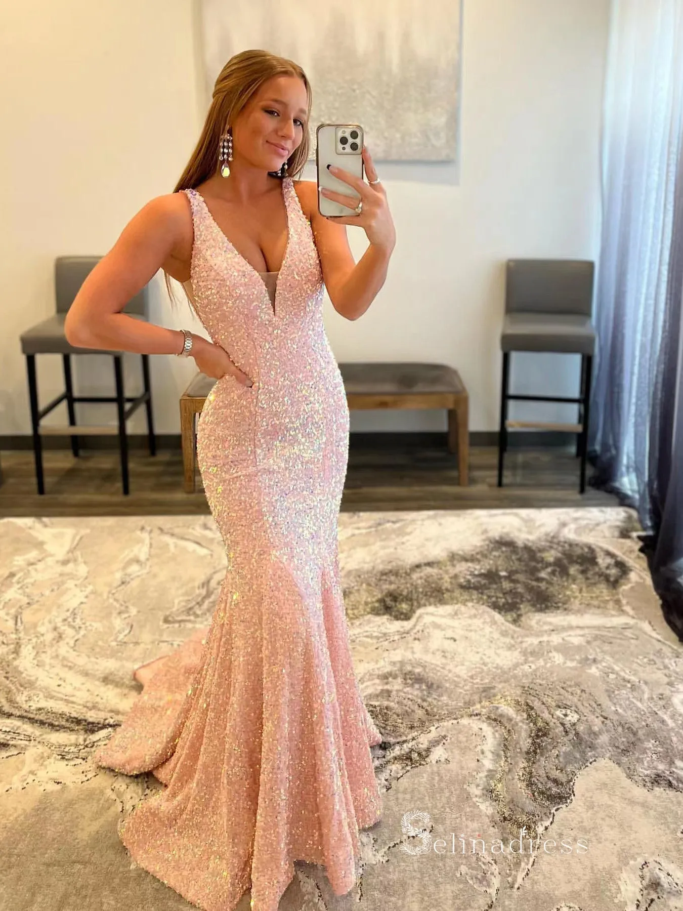 Chic Mermaid Straps Pink Long Prom Dresses Sparkly Sequins Evening Bridal Gowns MLK035