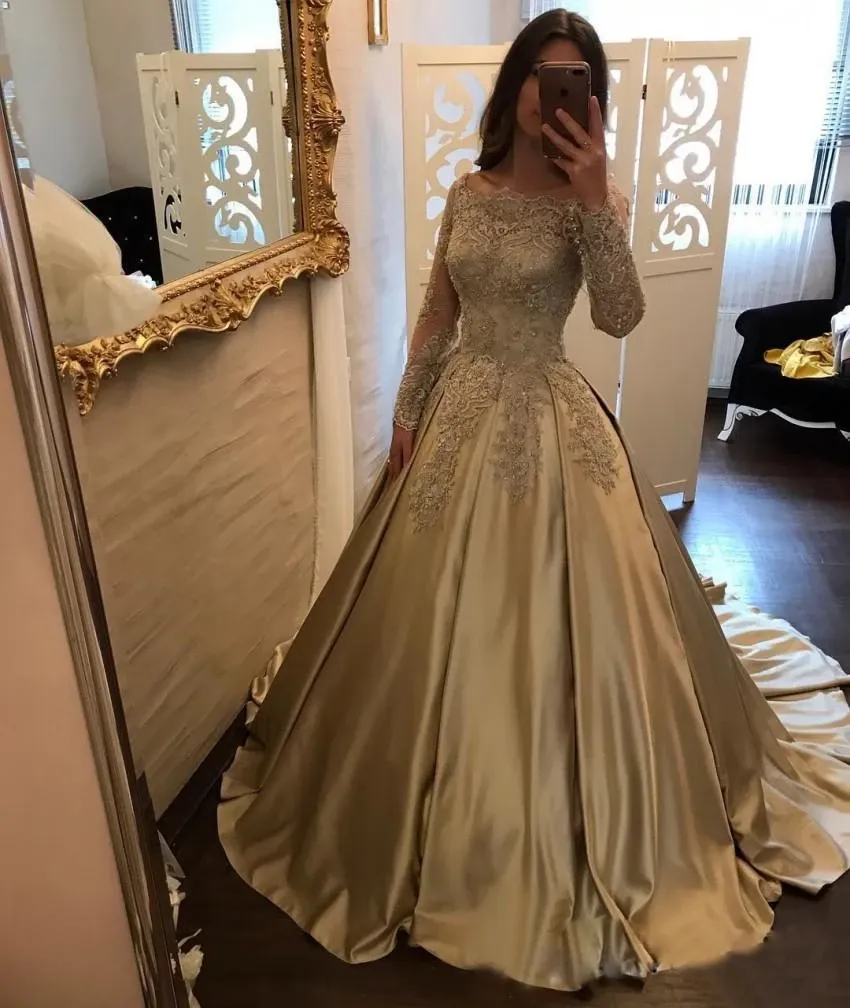 Chic Off Shoulder Gold Prom Dress Long Sleeve Sparkly Prom Dress Bridal Dress #SED259