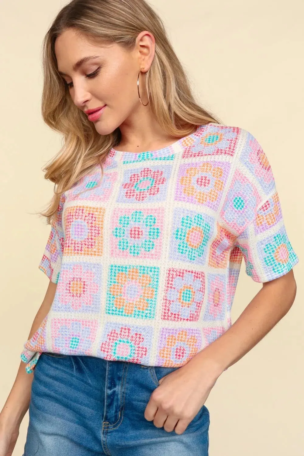 Flower Print Round Neck Short Sleeve T-Shirt