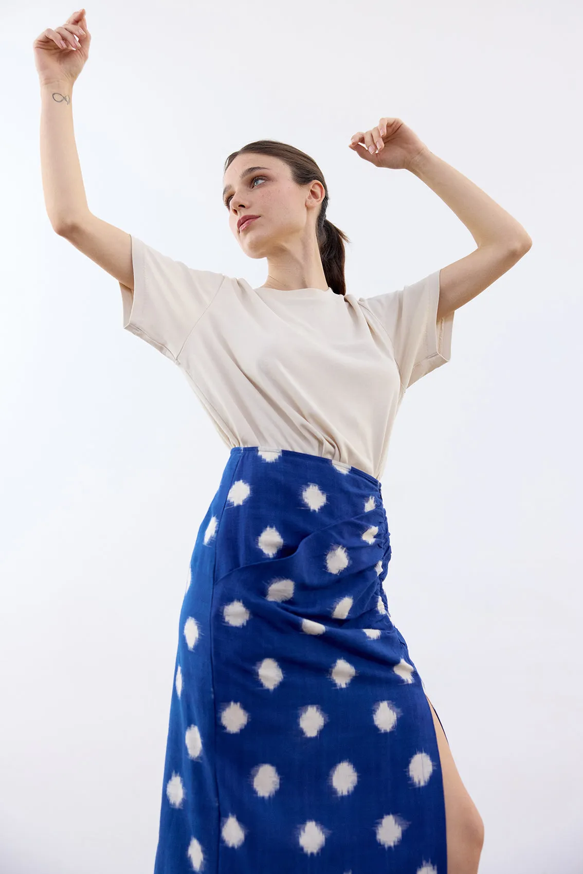 Gathered Pencil Skirt Ikat Cotton - Cobalto