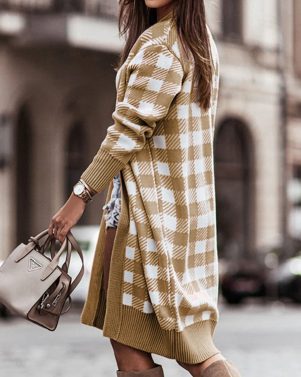 Gingham Plaid Ribbed Trim Cardigan