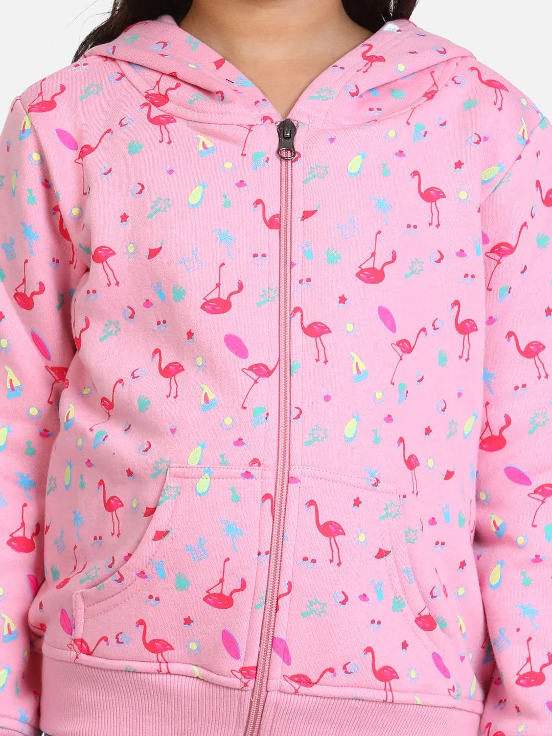 Girl's  Light Pink Flamingo Printed Jacket With Hoodie - StyleStone Kid