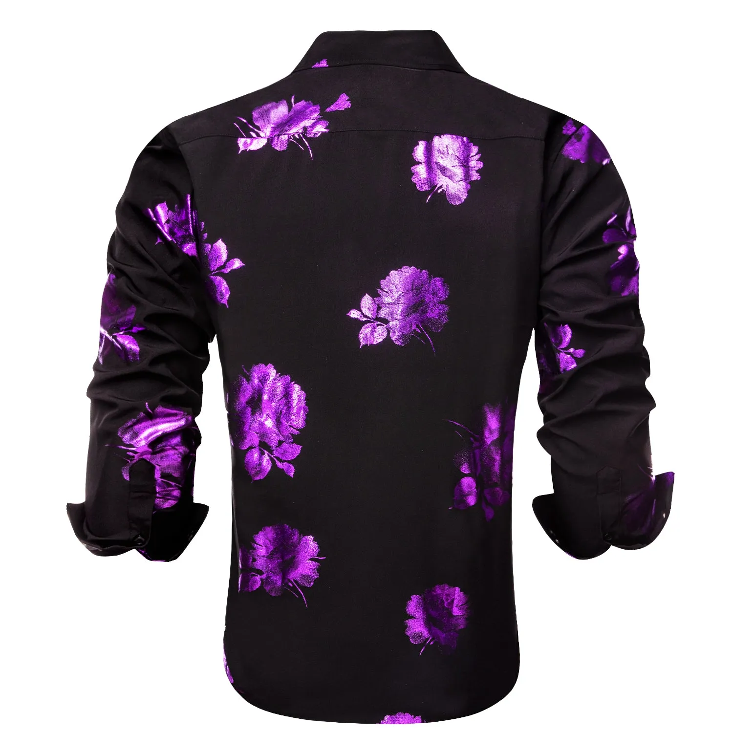 HI-Tie Black Dinner Shirt Purple Floral Silk Men's Long Sleeve Shirts