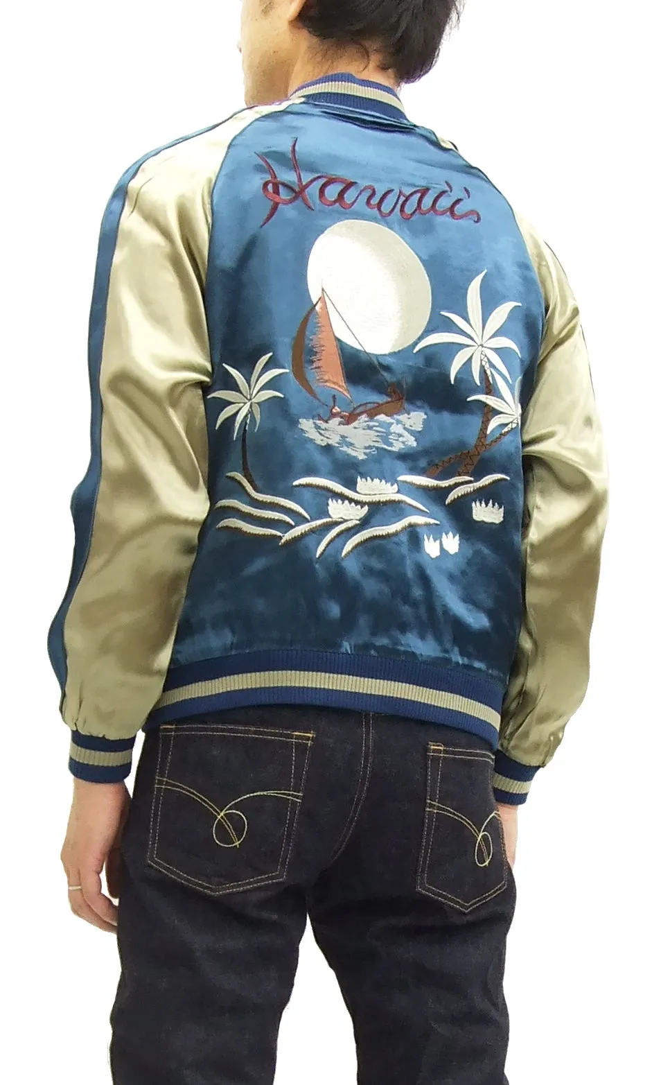 Japanesque Japanese Souvenir Jacket 3RSJ-026 Hawaii Men's Sukajan Blue/Beige