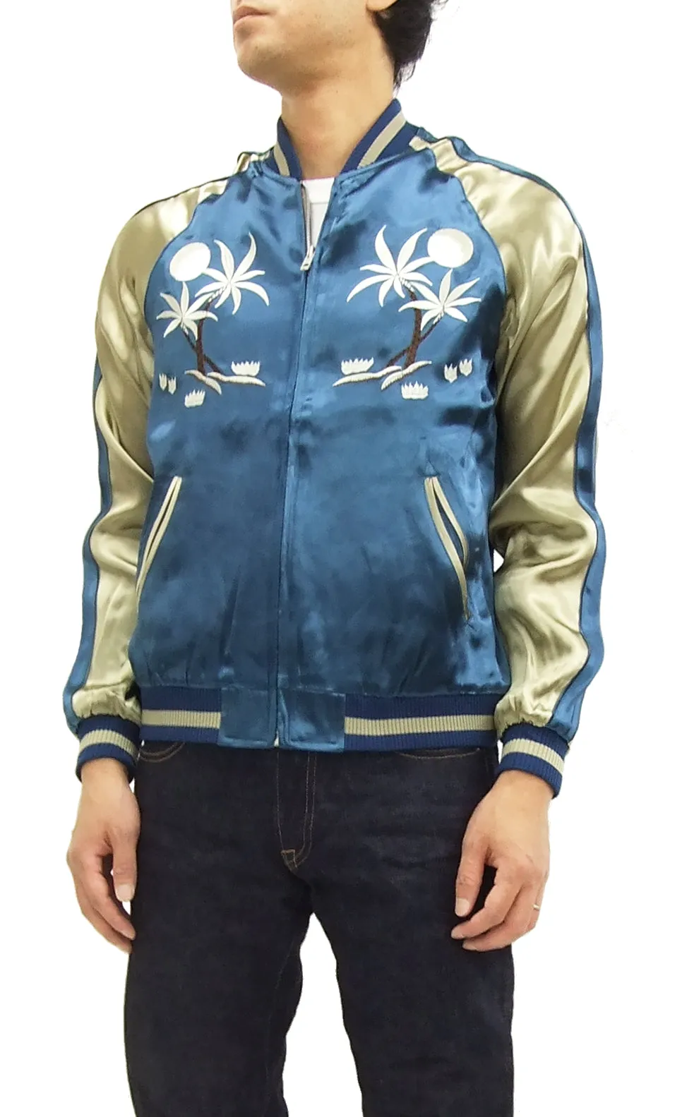 Japanesque Japanese Souvenir Jacket 3RSJ-026 Hawaii Men's Sukajan Blue/Beige