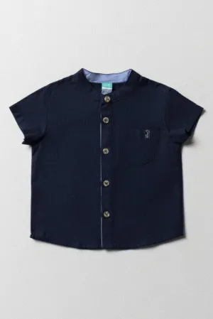 Mandarin Collar Short Sleeve Shirt Navy