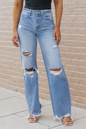 Medium Wash Destroyed Wide Leg Jeans