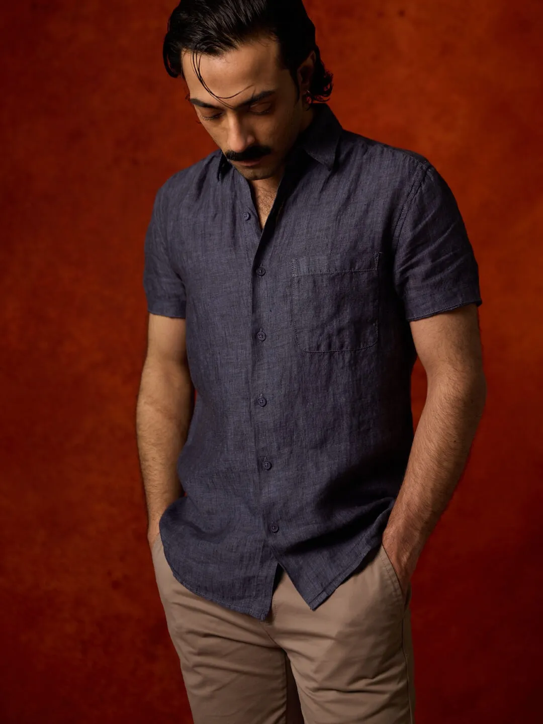 Men's 100% Linen Navy Regular Fit Short Sleeved Shirt