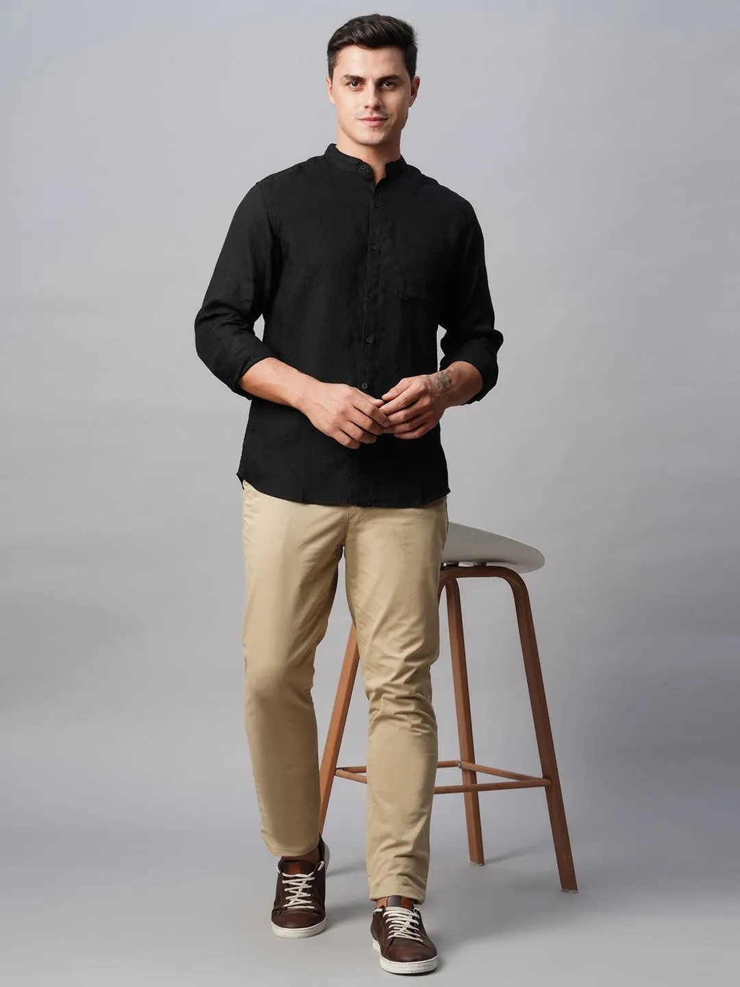 Men's Black 100% Linen Regular Fit Band Collared Long Sleeved Shirt