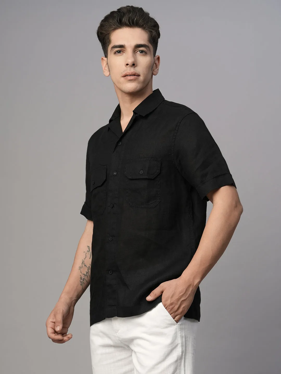 Men's Black 100% Linen Regular Fit Shirt