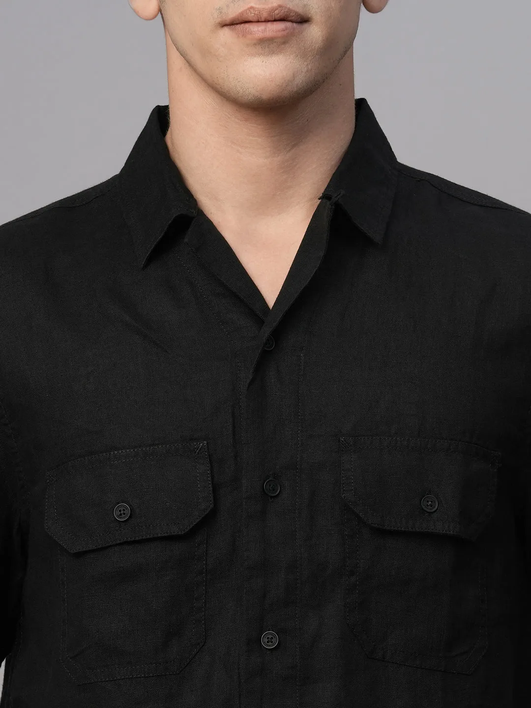 Men's Black 100% Linen Regular Fit Shirt