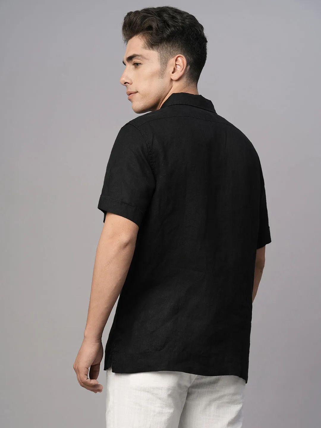 Men's Black 100% Linen Regular Fit Shirt