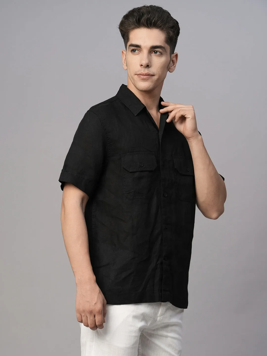 Men's Black 100% Linen Regular Fit Shirt