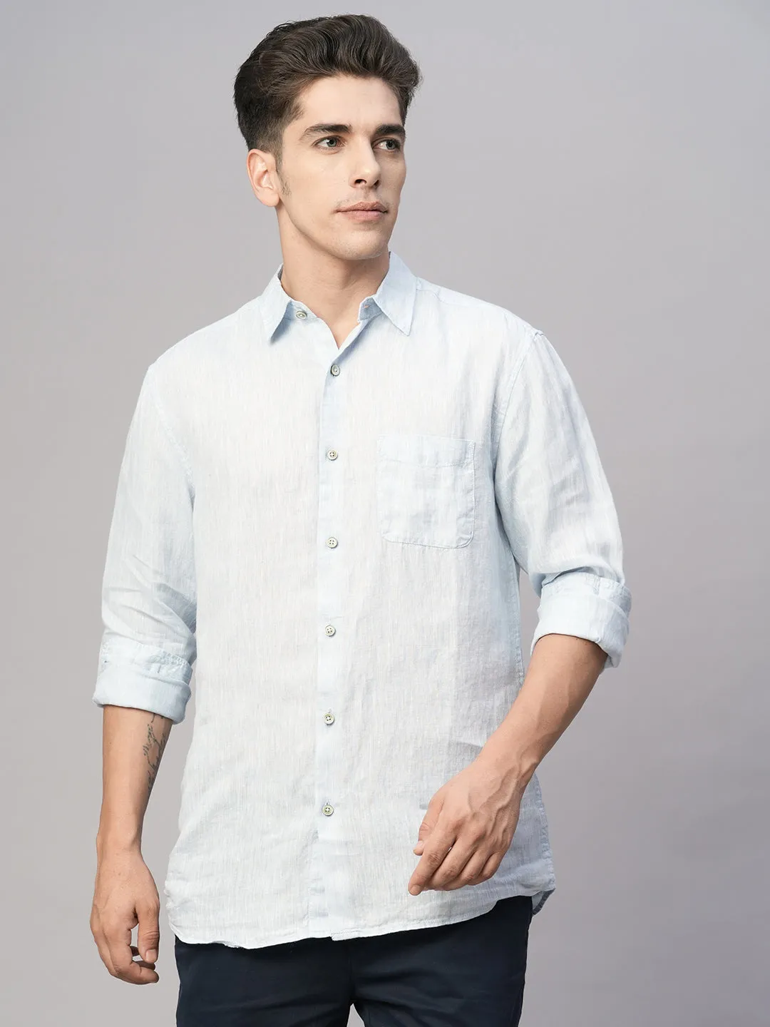 Men's Blue 100% Linen Regular Fit Shirt