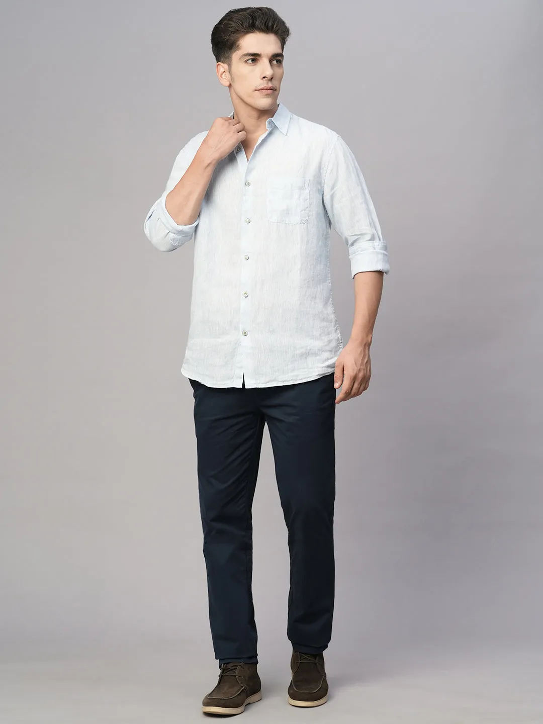 Men's Blue 100% Linen Regular Fit Shirt