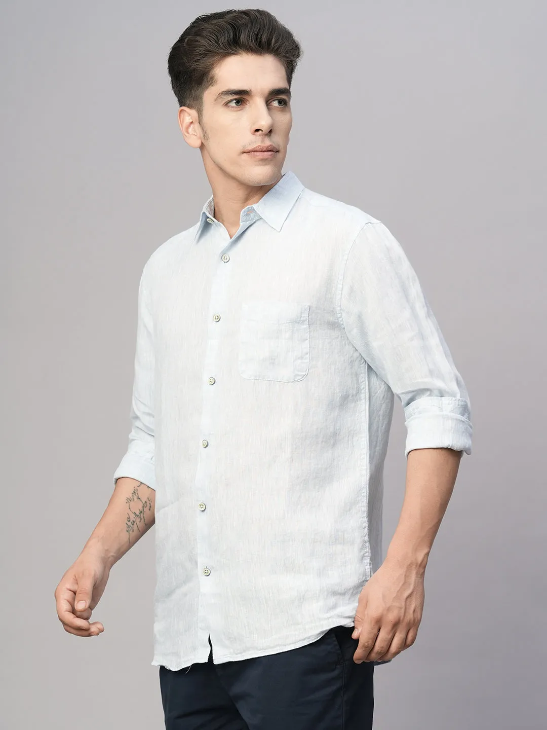 Men's Blue 100% Linen Regular Fit Shirt