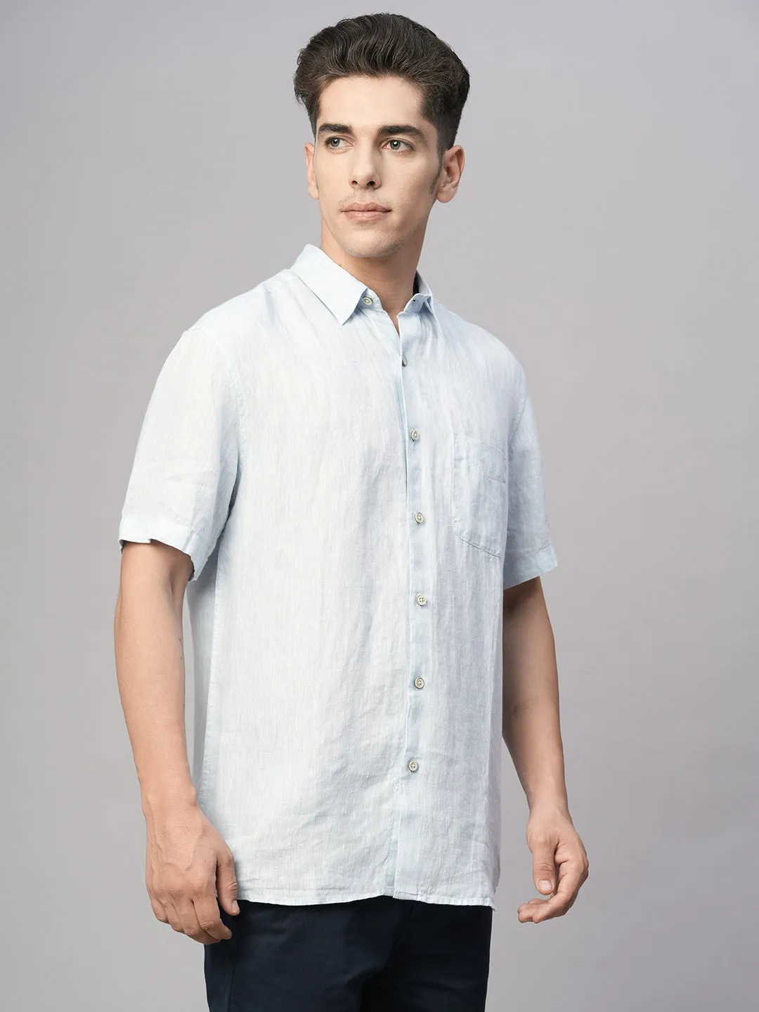 Men's Blue 100% Linen Regular Fit Shirt