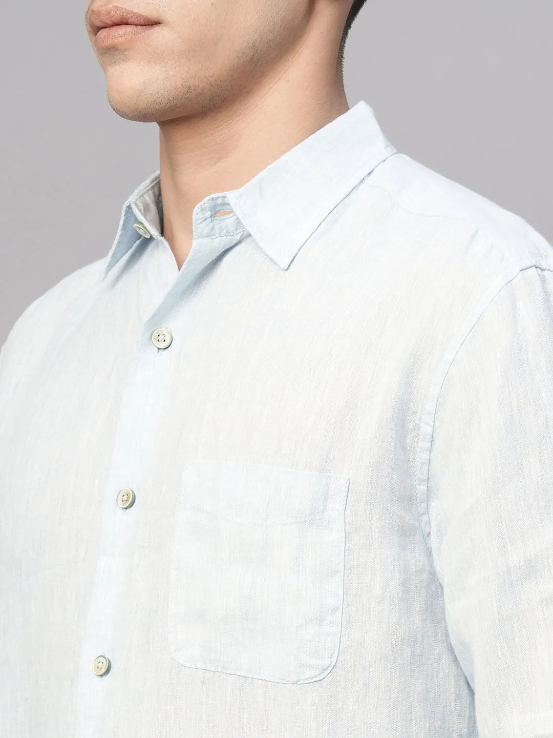 Men's Blue 100% Linen Regular Fit Shirt