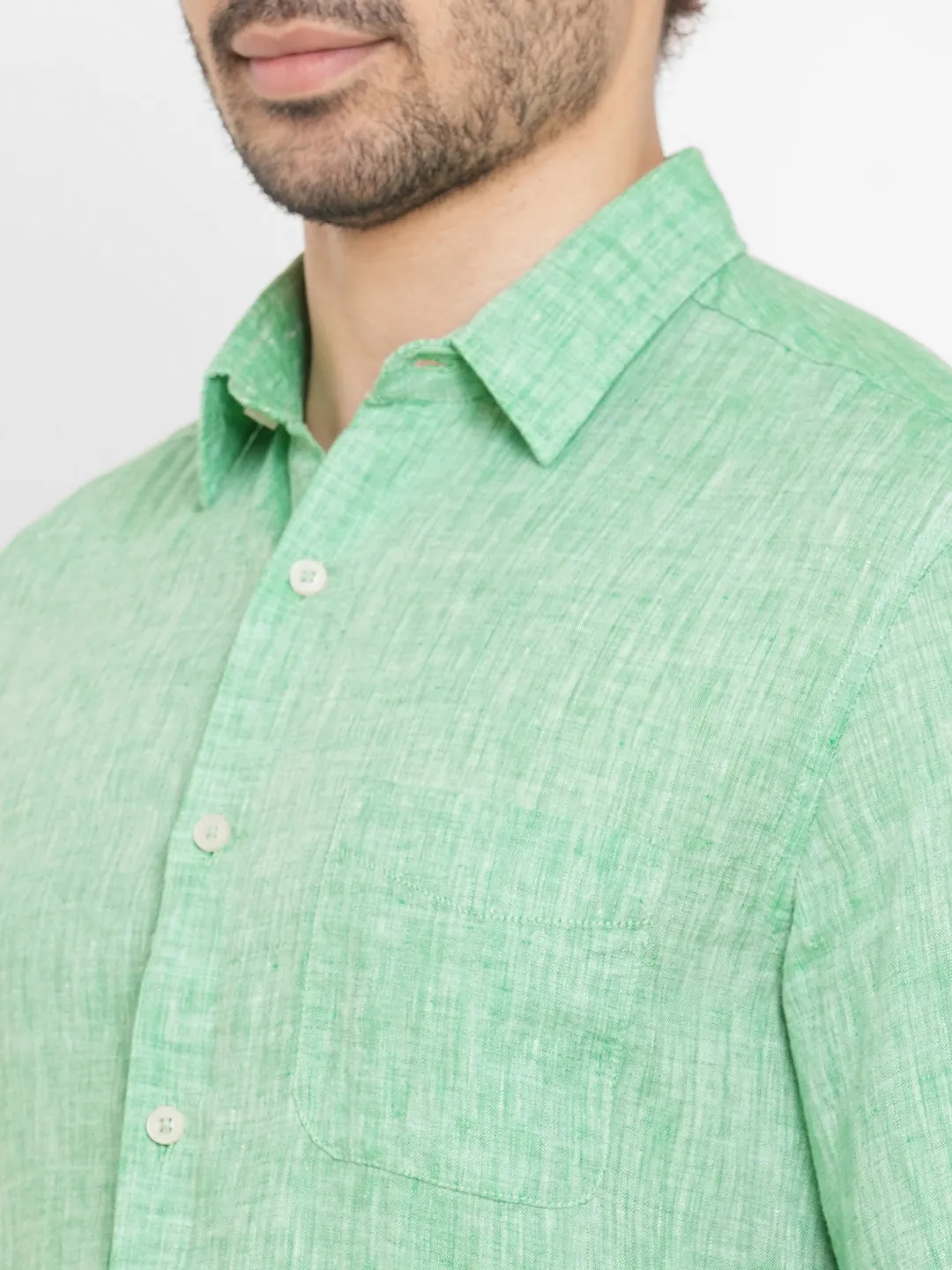 Men's Green 100% Linen Long Sleeve Regular Fit Shirt