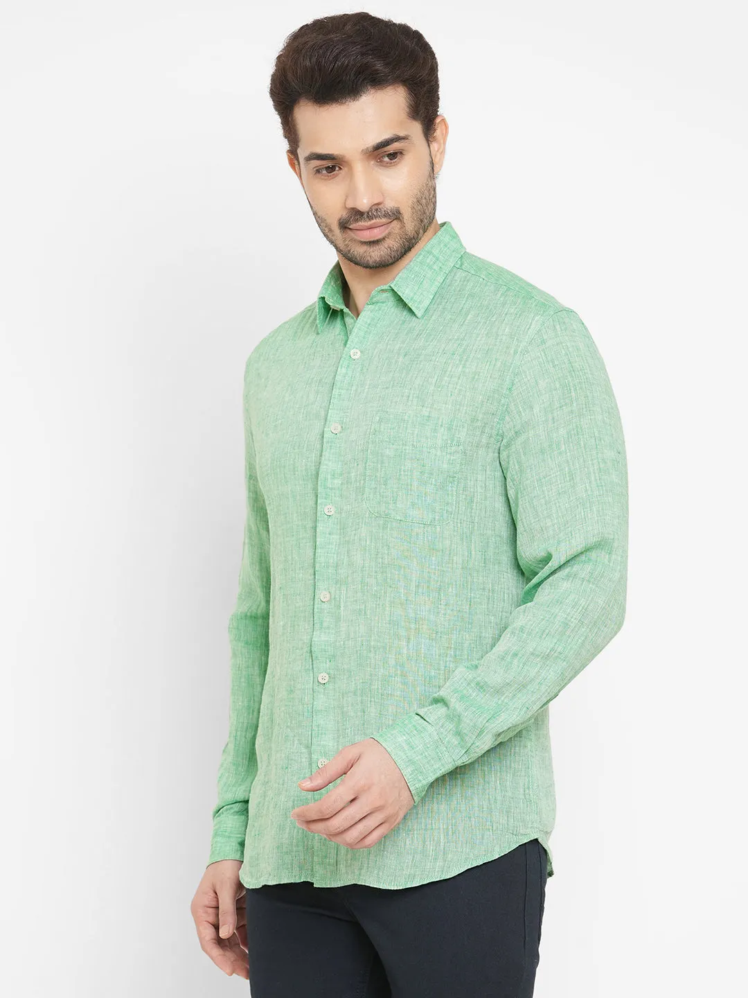 Men's Green 100% Linen Long Sleeve Regular Fit Shirt