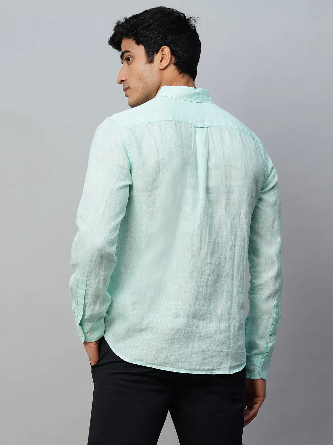 Men's Mint Green 100% Linen Regular Fit Long Sleeved Shirt