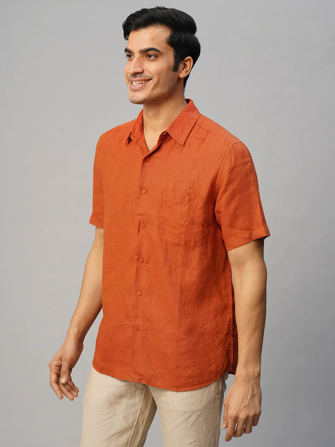 Men's Rust 100% Linen Regular Fit Shirt