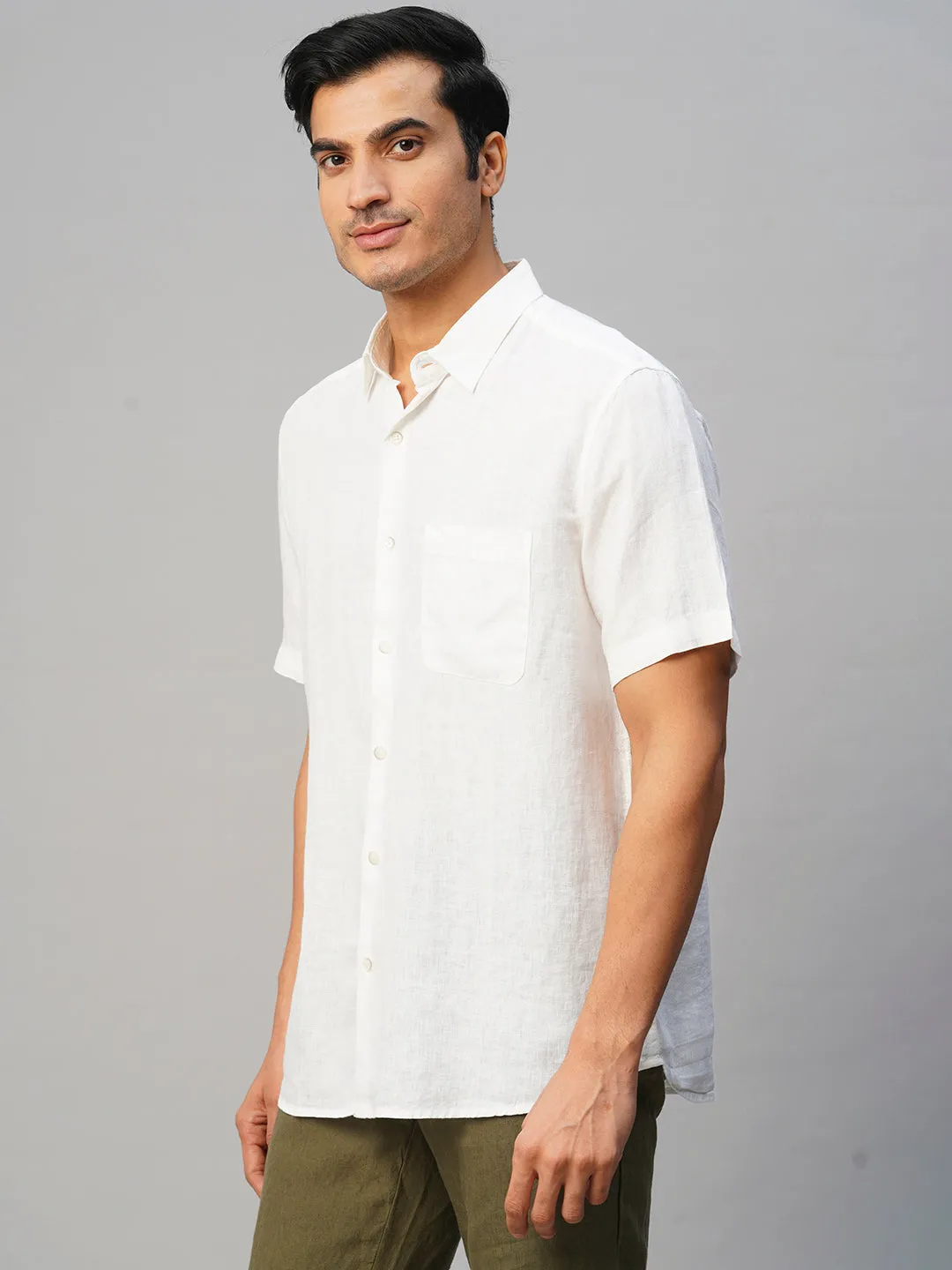 Men's White 100% Linen Regular Fit Shirt