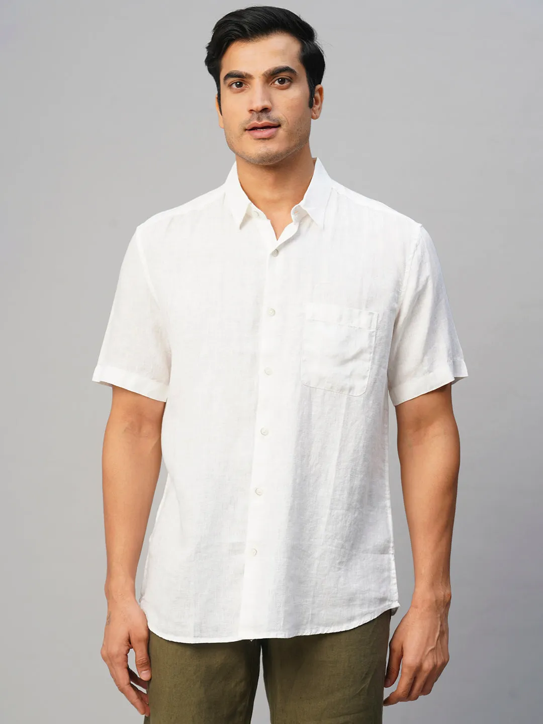 Men's White 100% Linen Regular Fit Shirt