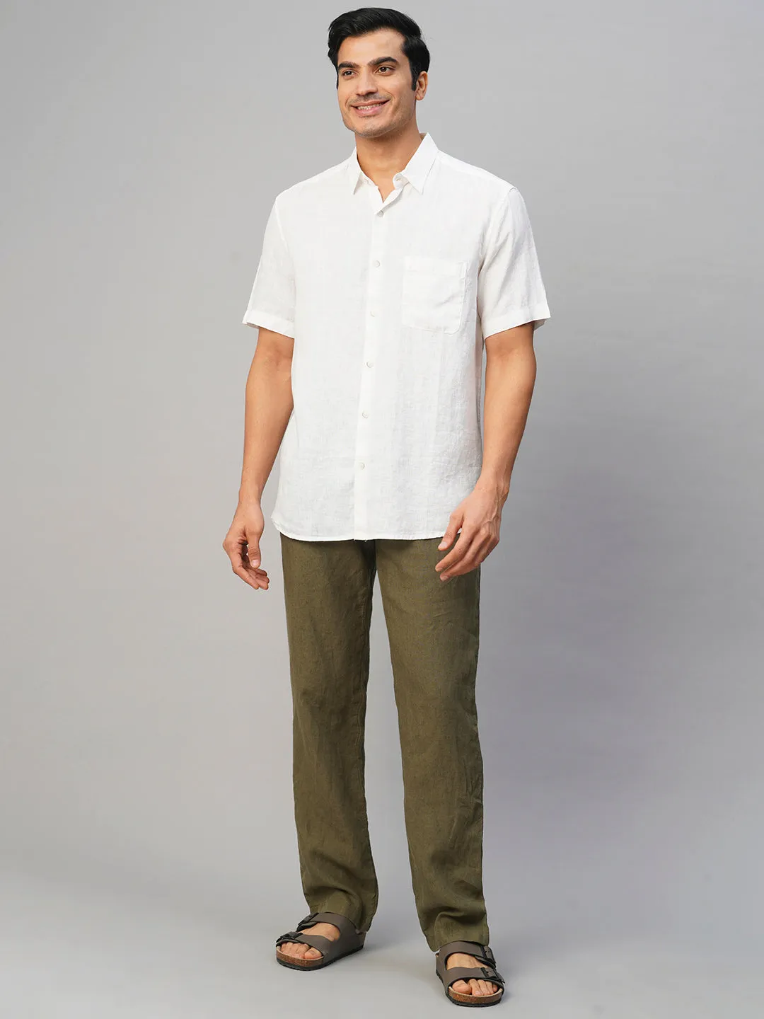 Men's White 100% Linen Regular Fit Shirt