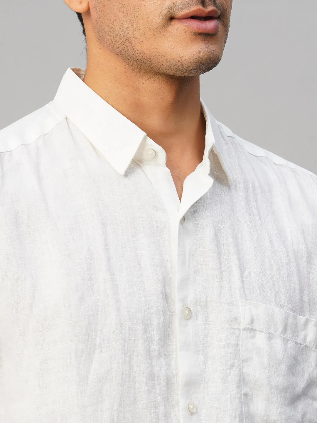 Men's White 100% Linen Regular Fit Shirt