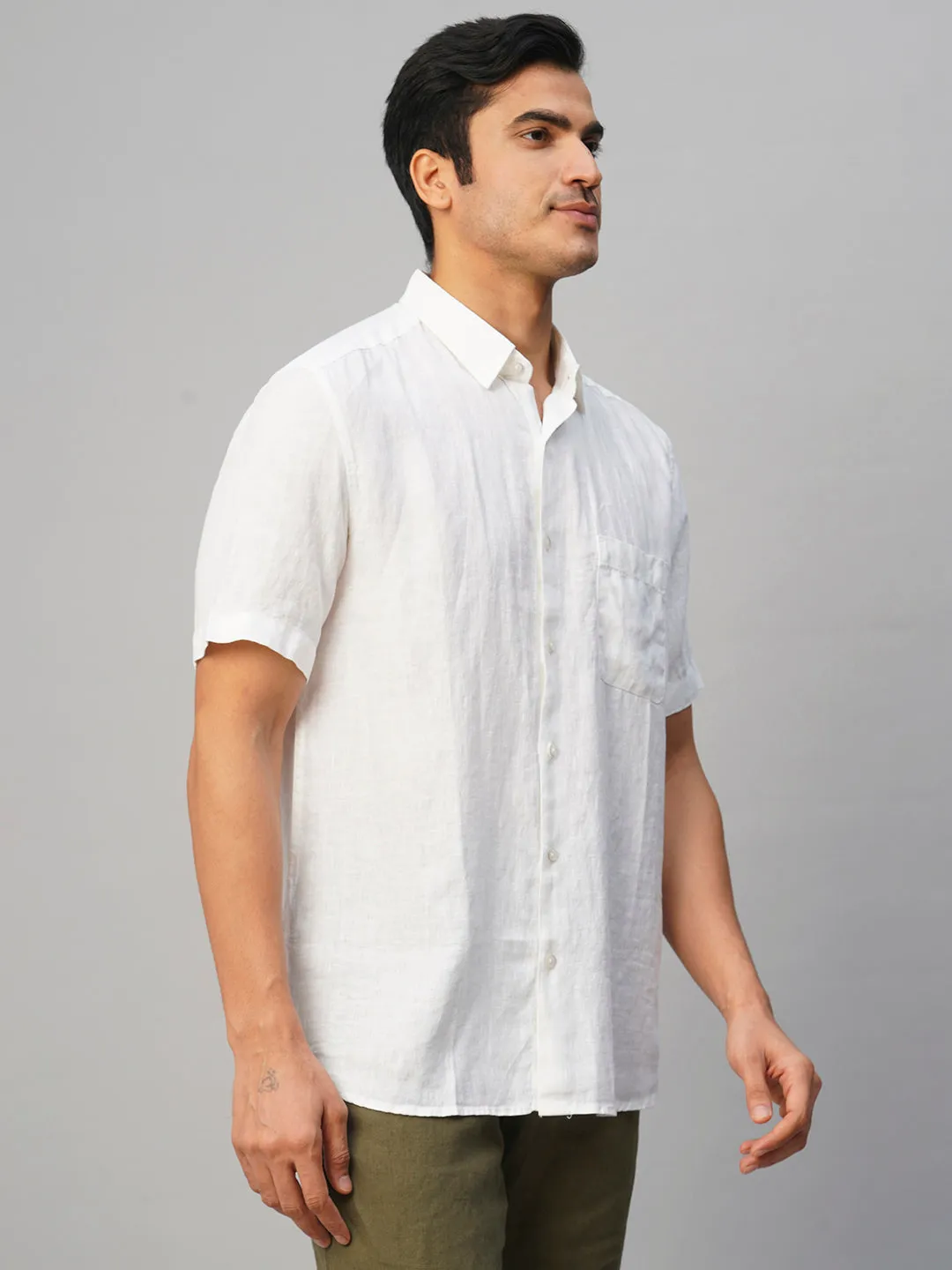 Men's White 100% Linen Regular Fit Shirt