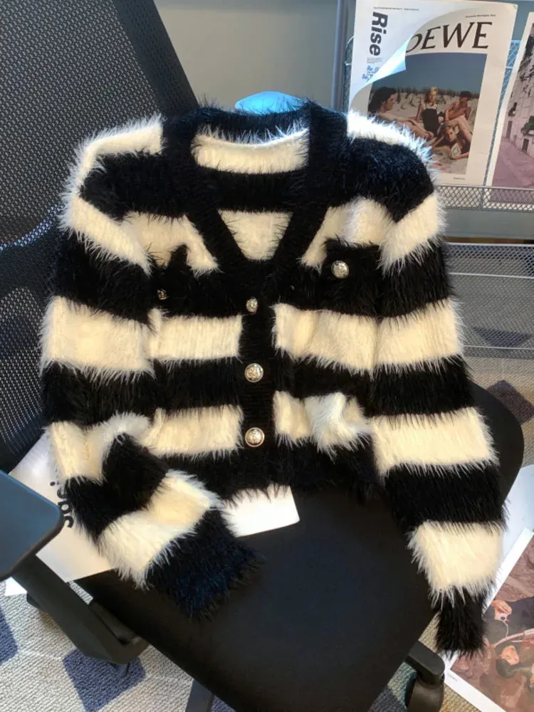 Pre Order:  Knitted Faux-Fur Stripe Cardigan Sweater