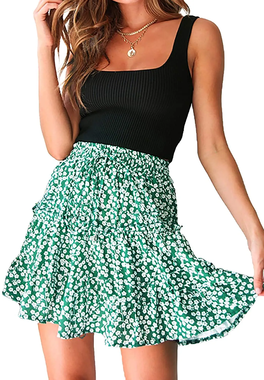 Relipop Women's Floral Flared Short Skirt Polka Dot Pleated Mini Skater Skirt with Drawstring