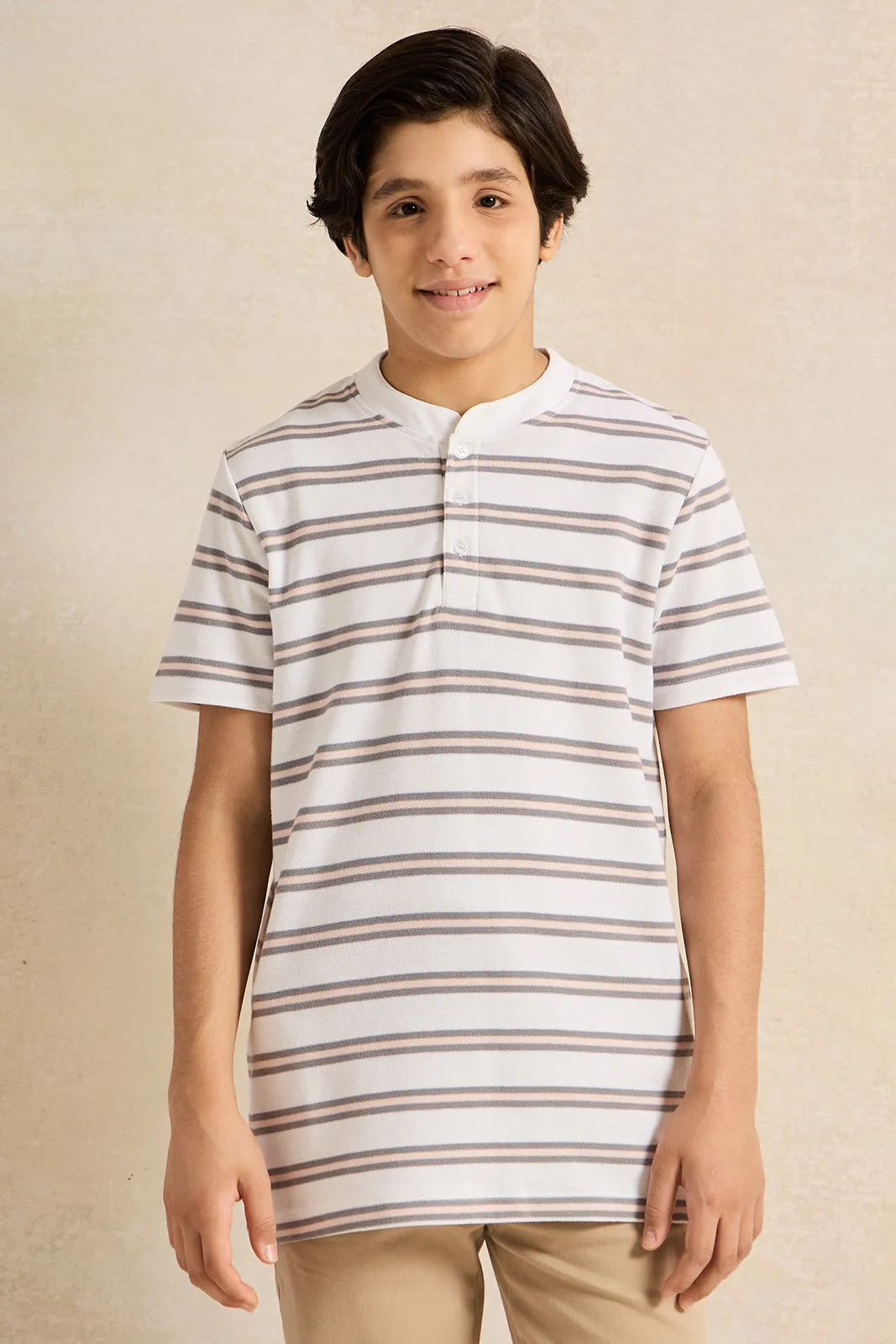 Senior White And Grey Mandarin Collar Stripe Polo T-Shirt