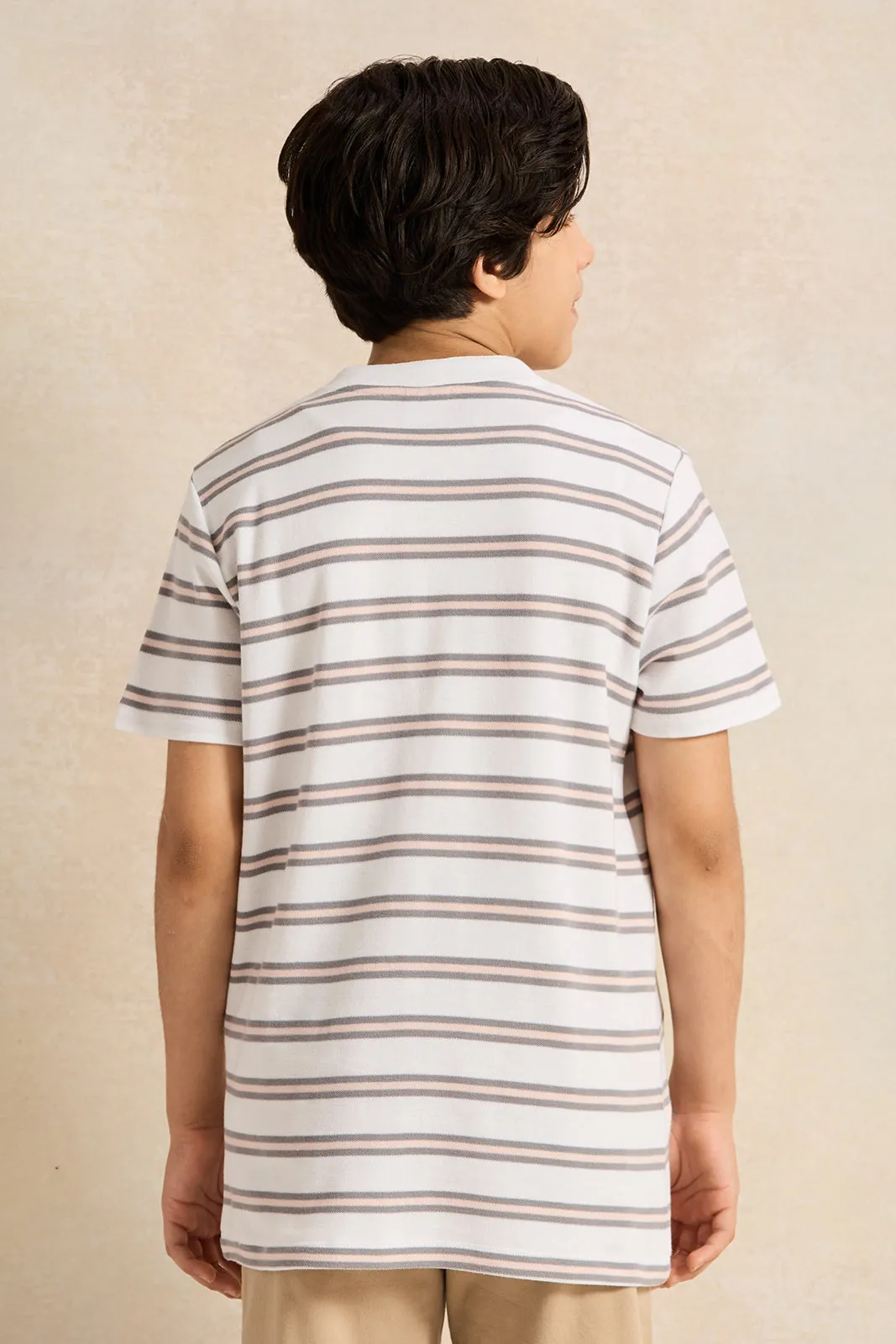 Senior White And Grey Mandarin Collar Stripe Polo T-Shirt