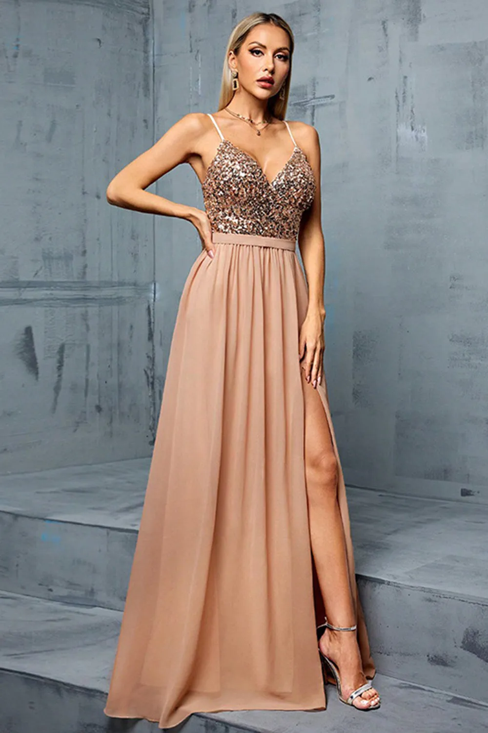 Sparkly Sequins Blush A Line V Neck Spaghetti Straps Maxi Dress